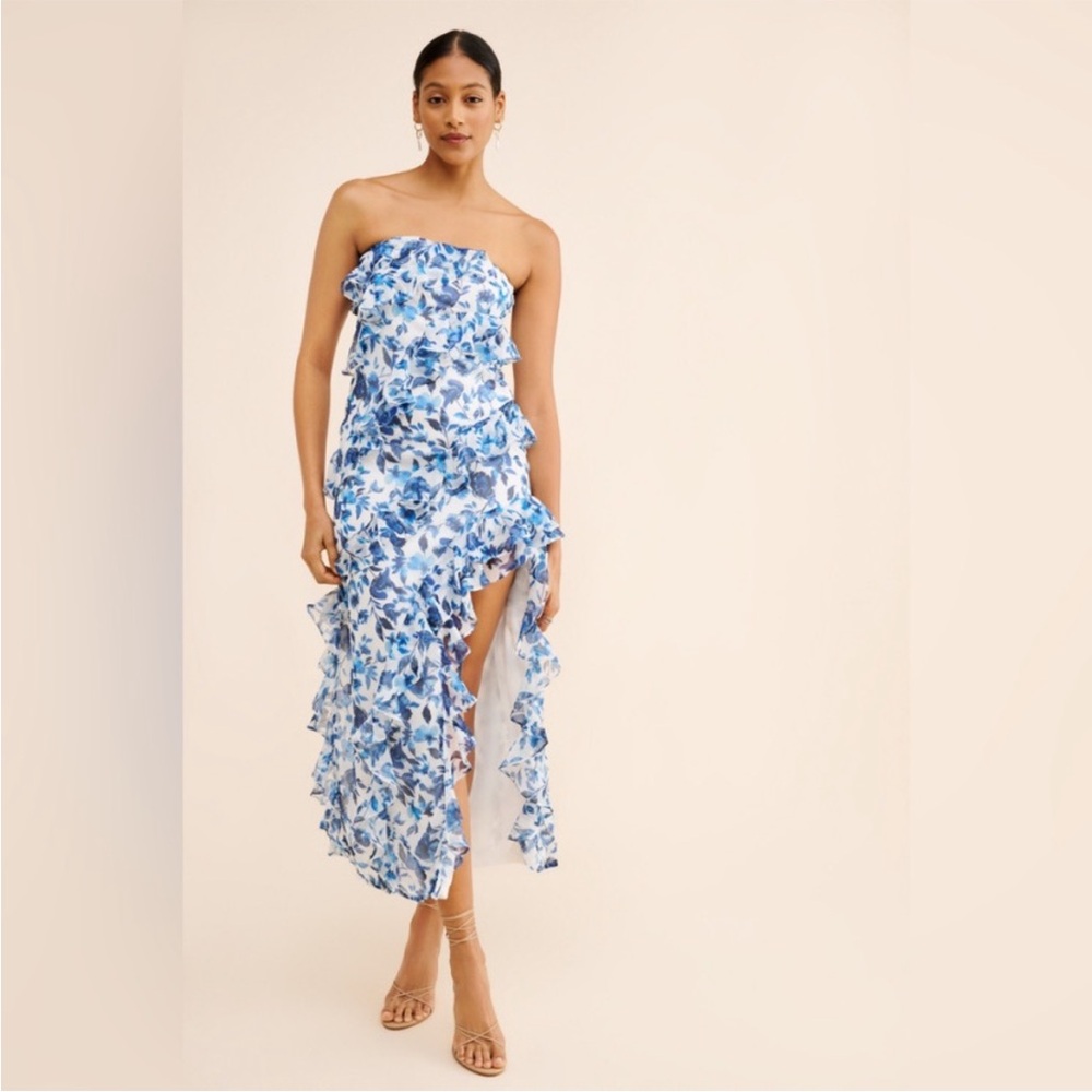 BHLDN Jia Bias-Cut Ruffled Printed V-Neck Gown size 4